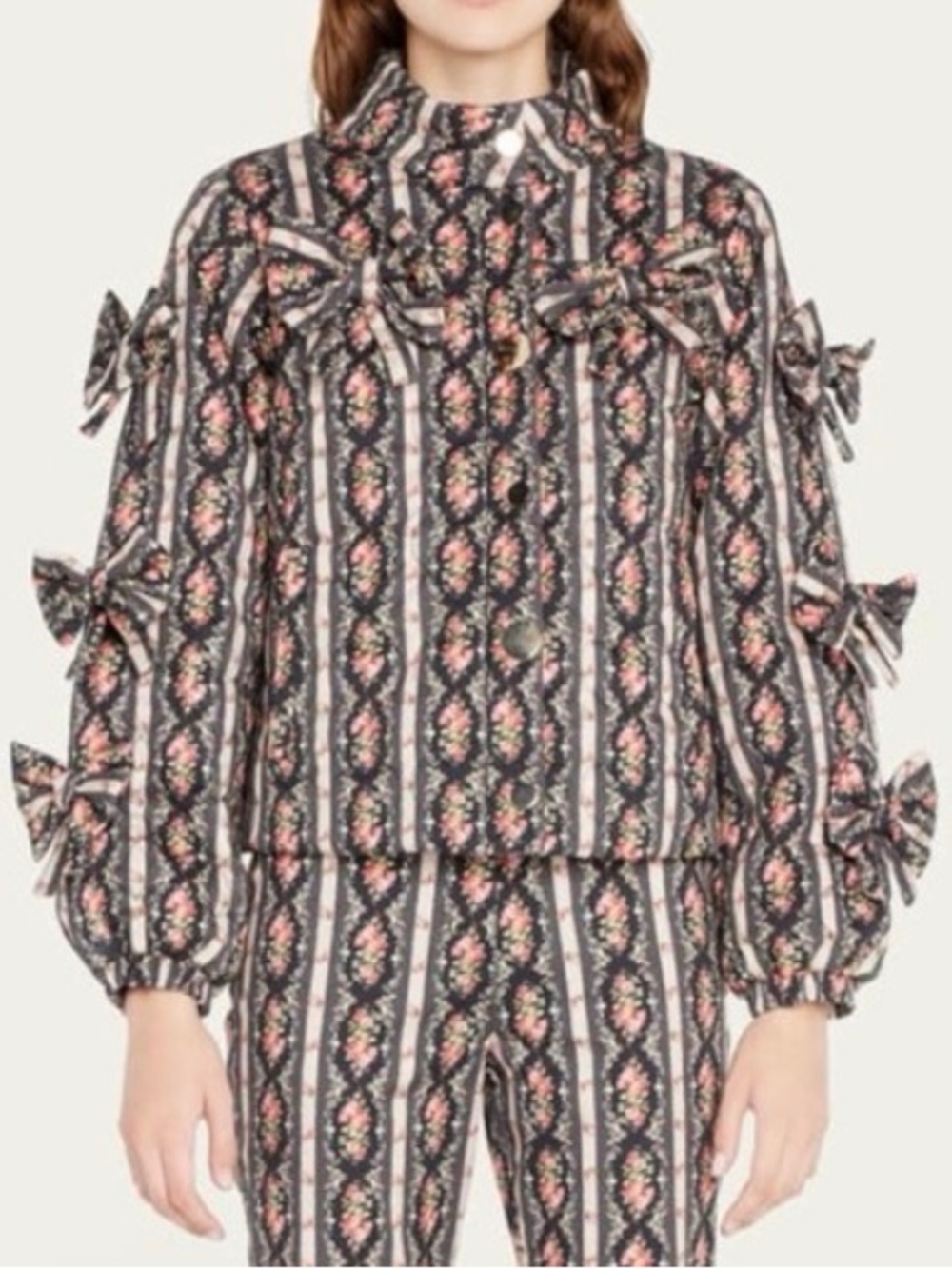 Loveshackfancy Gianna Floral Stripe Bow-Accent Womens Jacket - Black & Pink